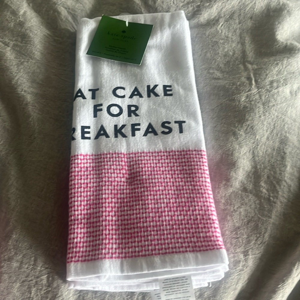 NWT Kate Spade EAT CAKE FOR BREAKFAST towels white hot pink basket weave